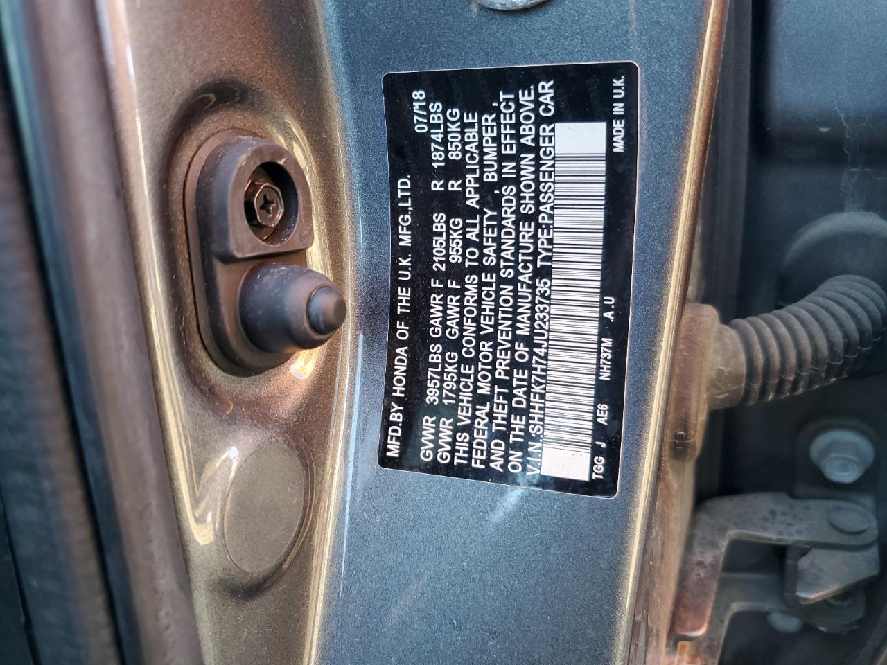 2018 Honda Civic Exl VIN: SHHFK7H74JU233735 Lot: 85834205