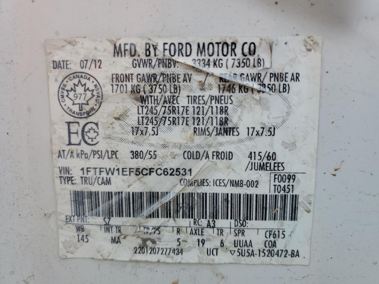 2012 Ford F150 Supercrew VIN: 1FTFW1EF5CFC62531 Lot: 89840035