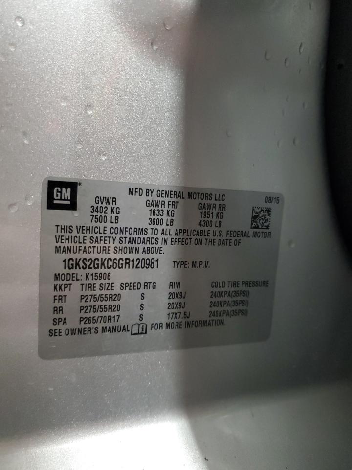 2016 GMC Yukon Xl K1500 Slt VIN: 1GKS2GKC6GR120981 Lot: 90022165