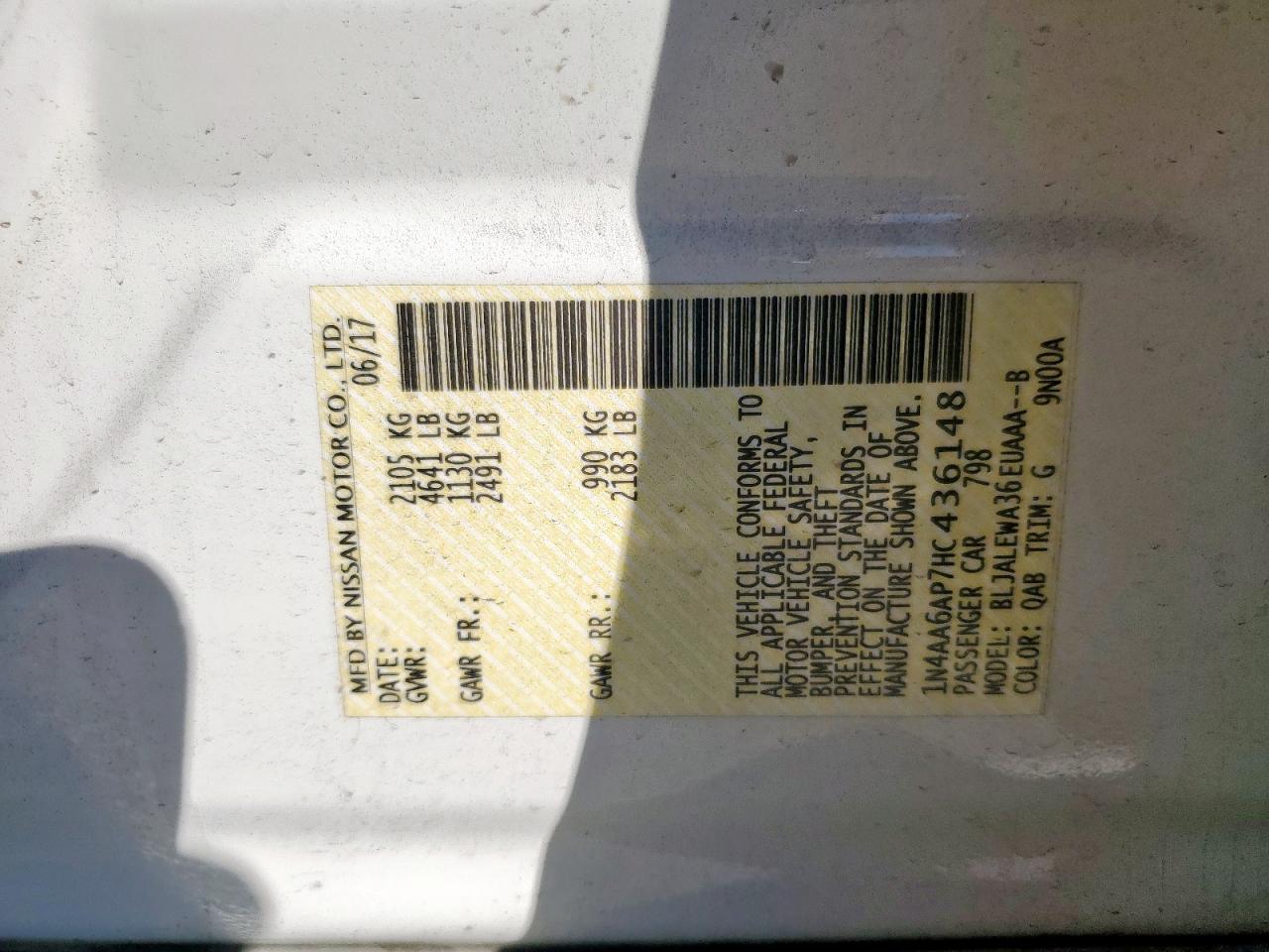 2017 Nissan Maxima 3.5S VIN: 1N4AA6AP7HC436148 Lot: 86188665