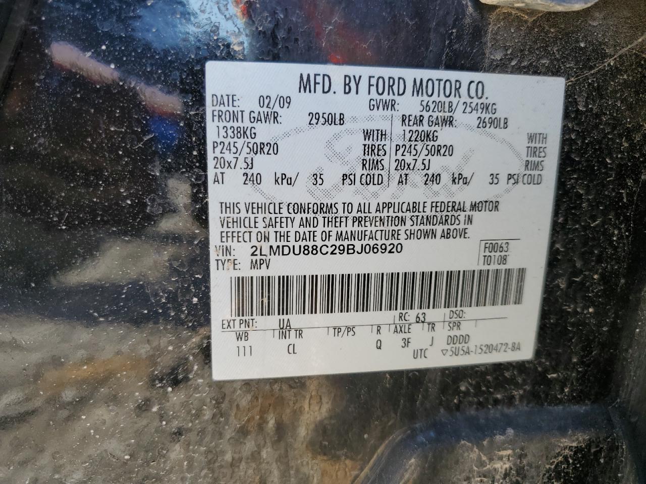 2009 Lincoln Mkx VIN: 2LMDU88C29BJ06920 Lot: 87015925