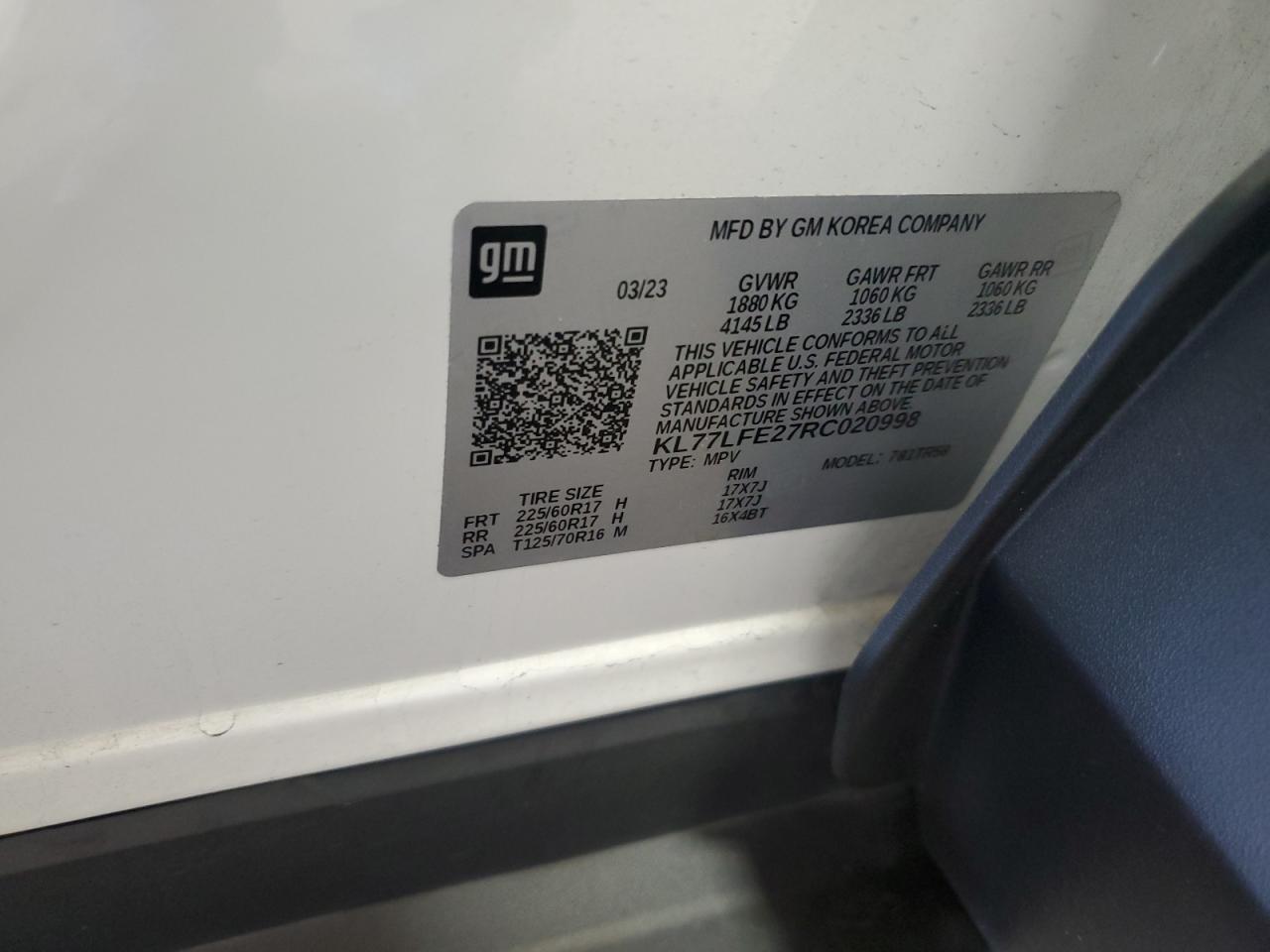 2024 Chevrolet Trax Ls VIN: KL77LFE27RC020998 Lot: 85171995