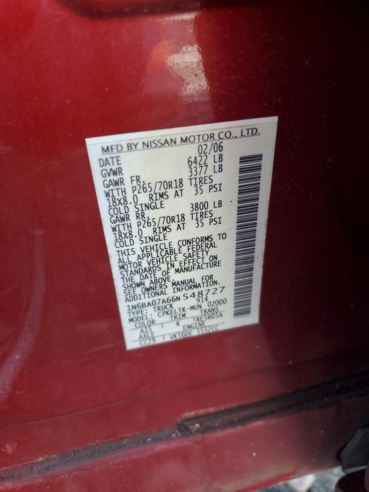 2006 Nissan Titan Xe VIN: 1N6BA07A66N548727 Lot: 85570755