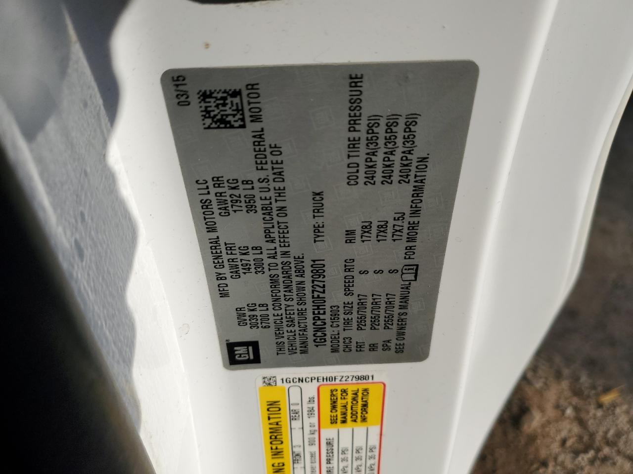2015 Chevrolet Silverado C1500 VIN: 1GCNCPEH0FZ279801 Lot: 86545535