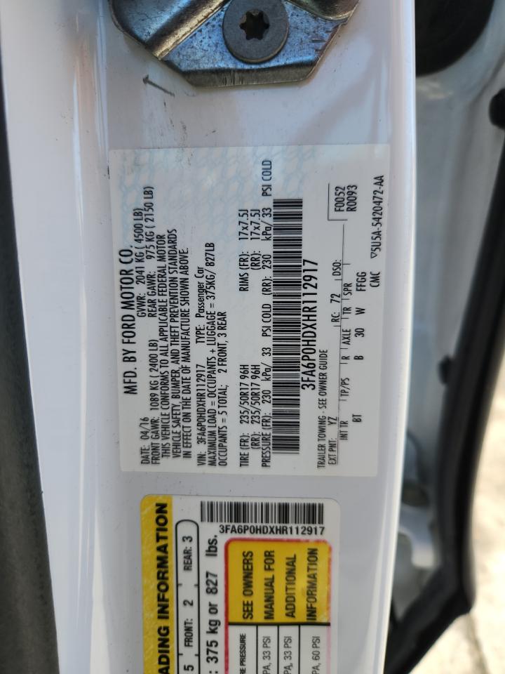 2017 Ford Fusion Se VIN: 3FA6P0HDXHR112917 Lot: 85580995