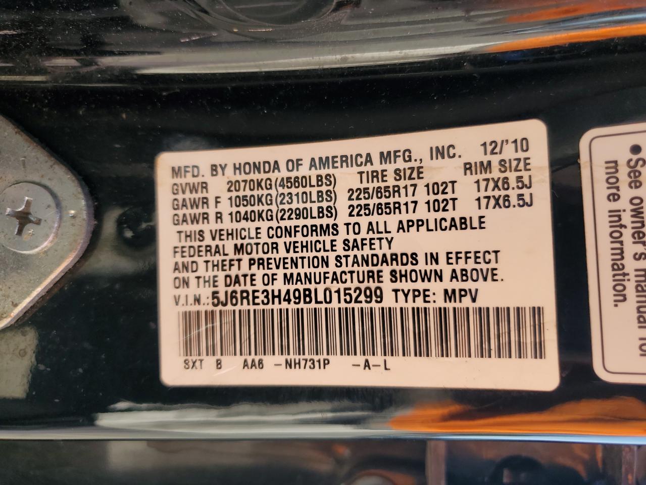 2011 Honda Cr-V Se VIN: 5J6RE3H49BL015299 Lot: 82005195