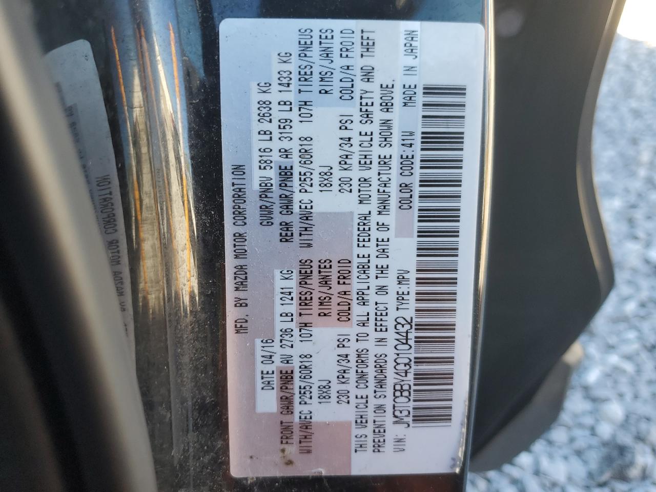 2016 Mazda Cx-9 Touring VIN: JM3TCBBY4G0104432 Lot: 87068825