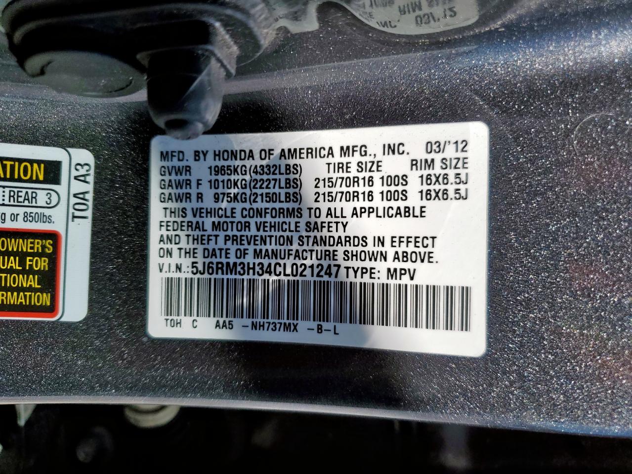 2012 Honda Cr-V Lx VIN: 5J6RM3H34CL021247 Lot: 86240185