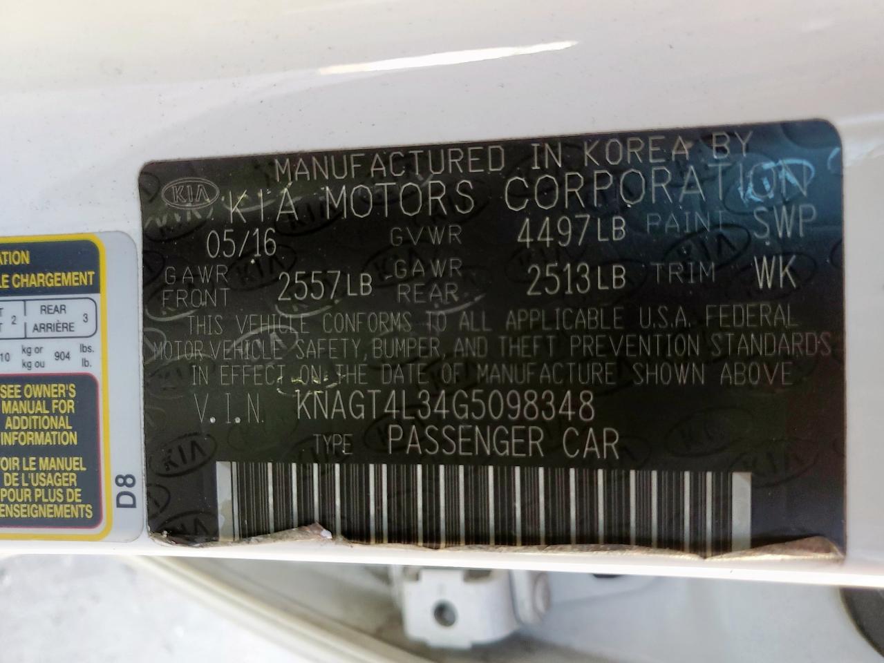 2016 Kia Optima Lx VIN: KNAGT4L34G5098348 Lot: 84194655