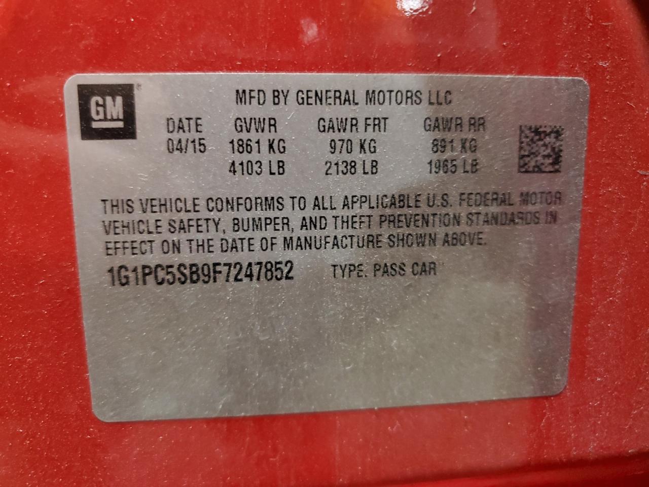 2015 Chevrolet Cruze Lt VIN: 1G1PC5SB9F7247852 Lot: 85515355