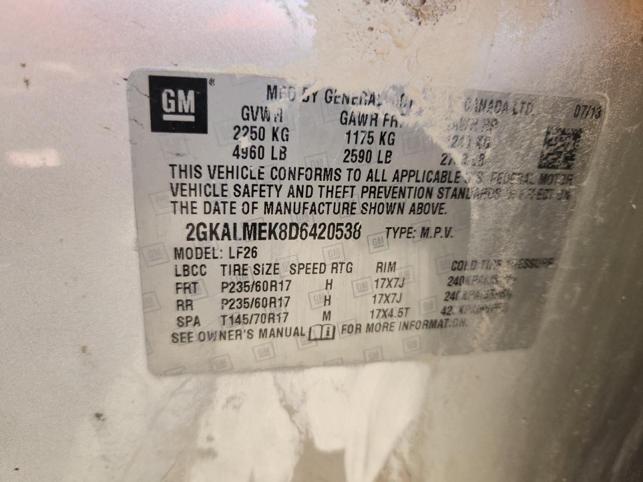 2013 GMC Terrain Sle VIN: 2GKALMEK8D6420538 Lot: 82722425