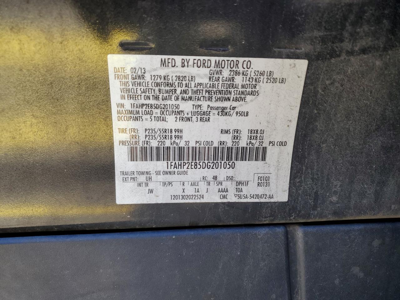 2013 Ford Taurus Sel VIN: 1FAHP2E85DG201050 Lot: 85002005