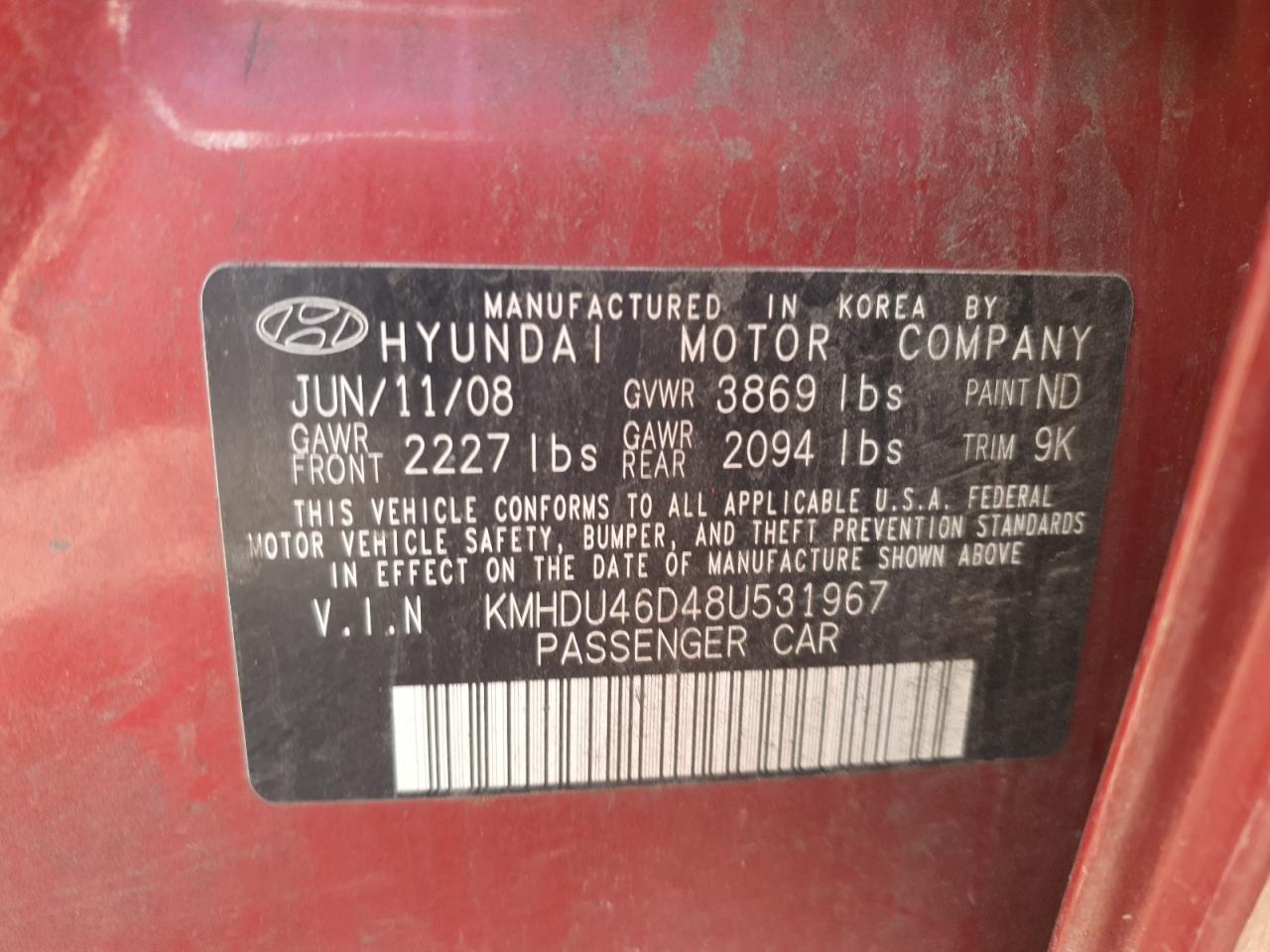 2008 Hyundai Elantra Gls VIN: KMHDU46D48U531967 Lot: 86477115