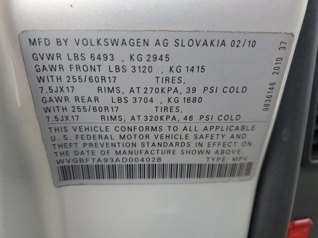 2010 Volkswagen Touareg V6 VIN: WVGBF7A93AD004028 Lot: 85649165