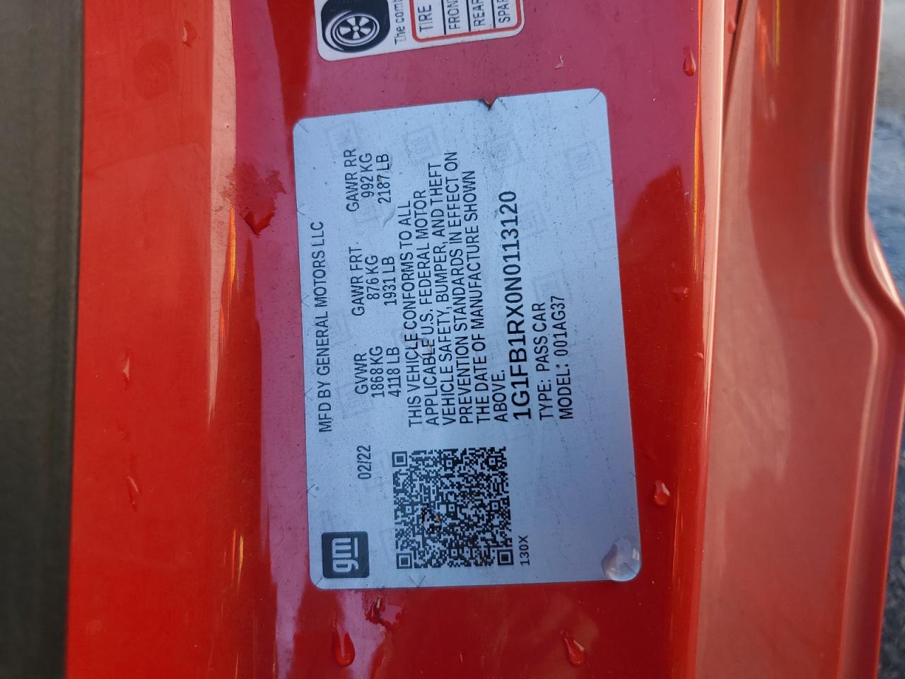 2022 Chevrolet Camaro Ls VIN: 1G1FB1RX0N0113120 Lot: 86631525