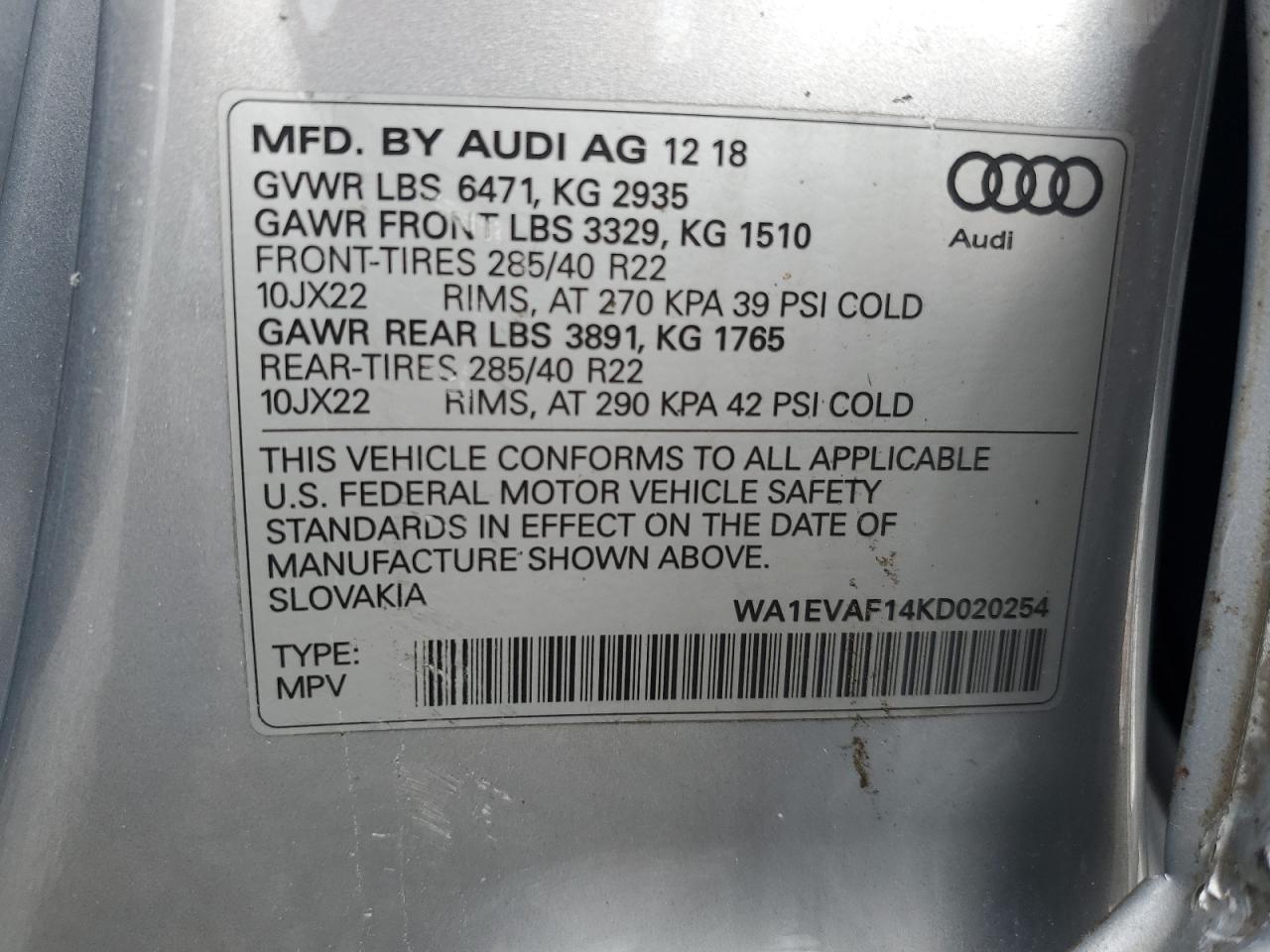 2019 Audi Q8 Premium Plus S-Line VIN: WA1EVAF14KD020254 Lot: 82489725