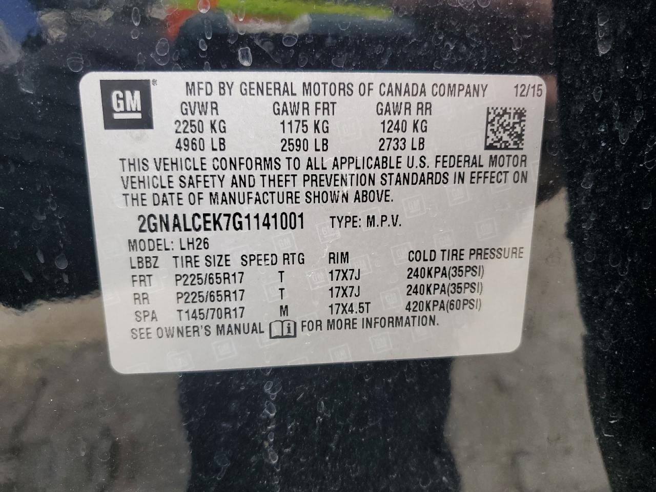 2016 Chevrolet Equinox Lt VIN: 2GNALCEK7G1141001 Lot: 86336335