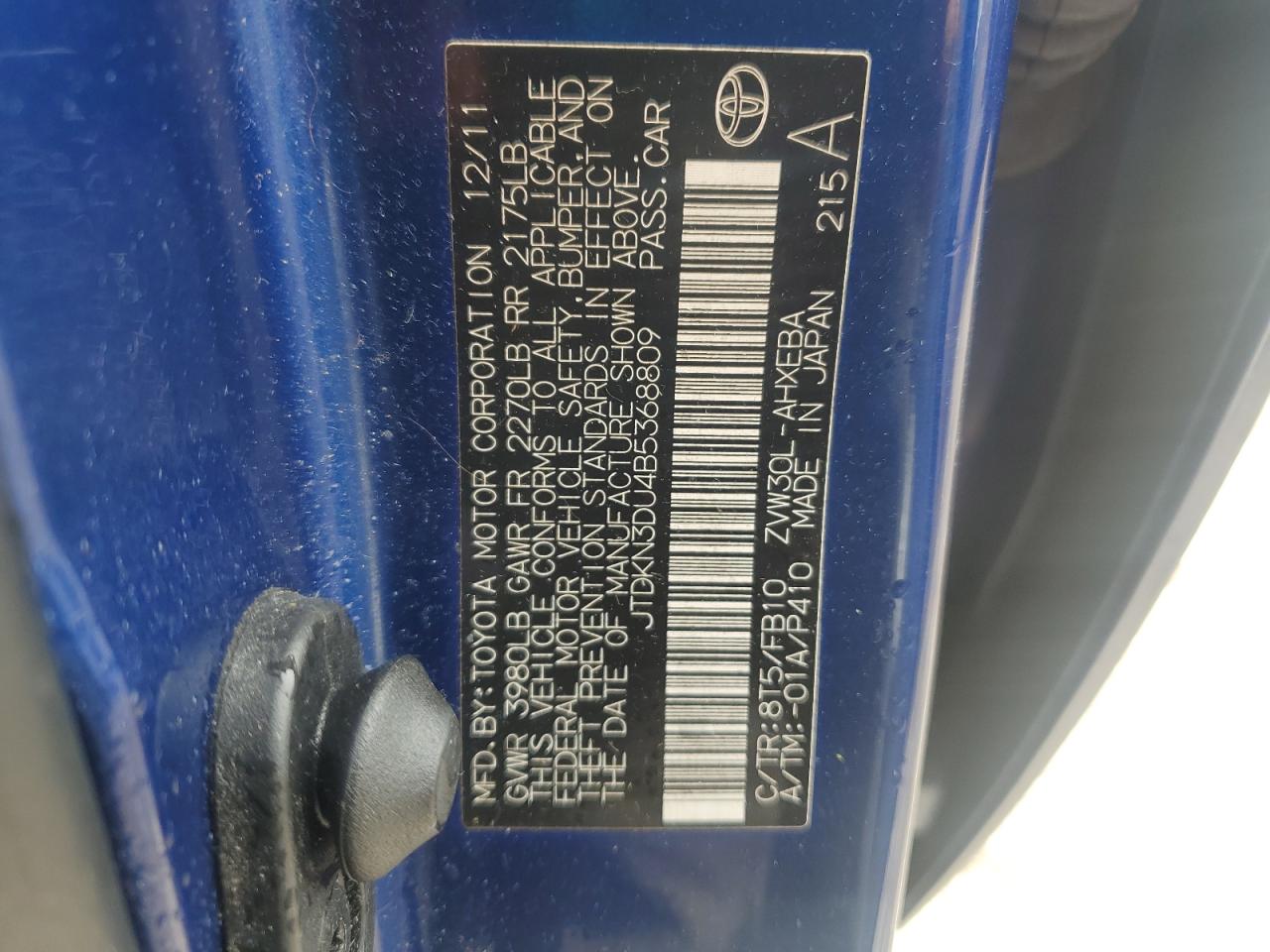 2011 Toyota Prius VIN: JTDKN3DU4B5368809 Lot: 85343285