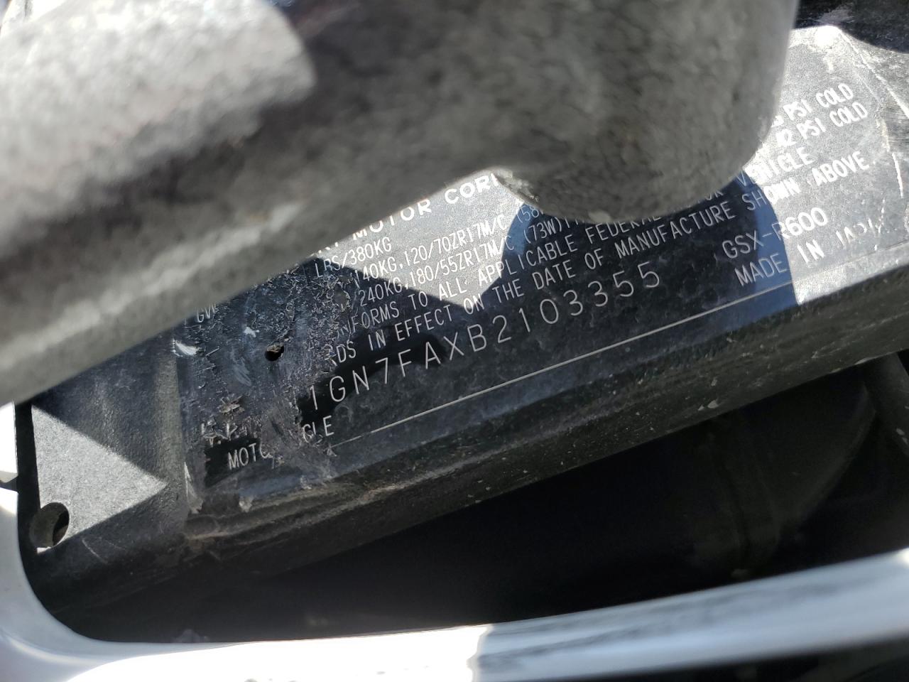 2011 Suzuki Gsx-R600 VIN: JS1GN7FAXB2103355 Lot: 87238555