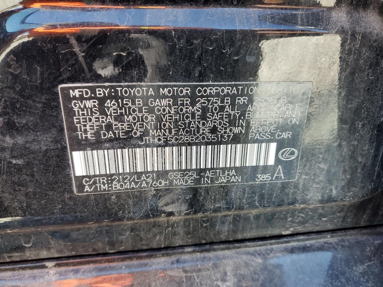 2011 Lexus Is 250 VIN: JTHCF5C28B2035137 Lot: 85516745