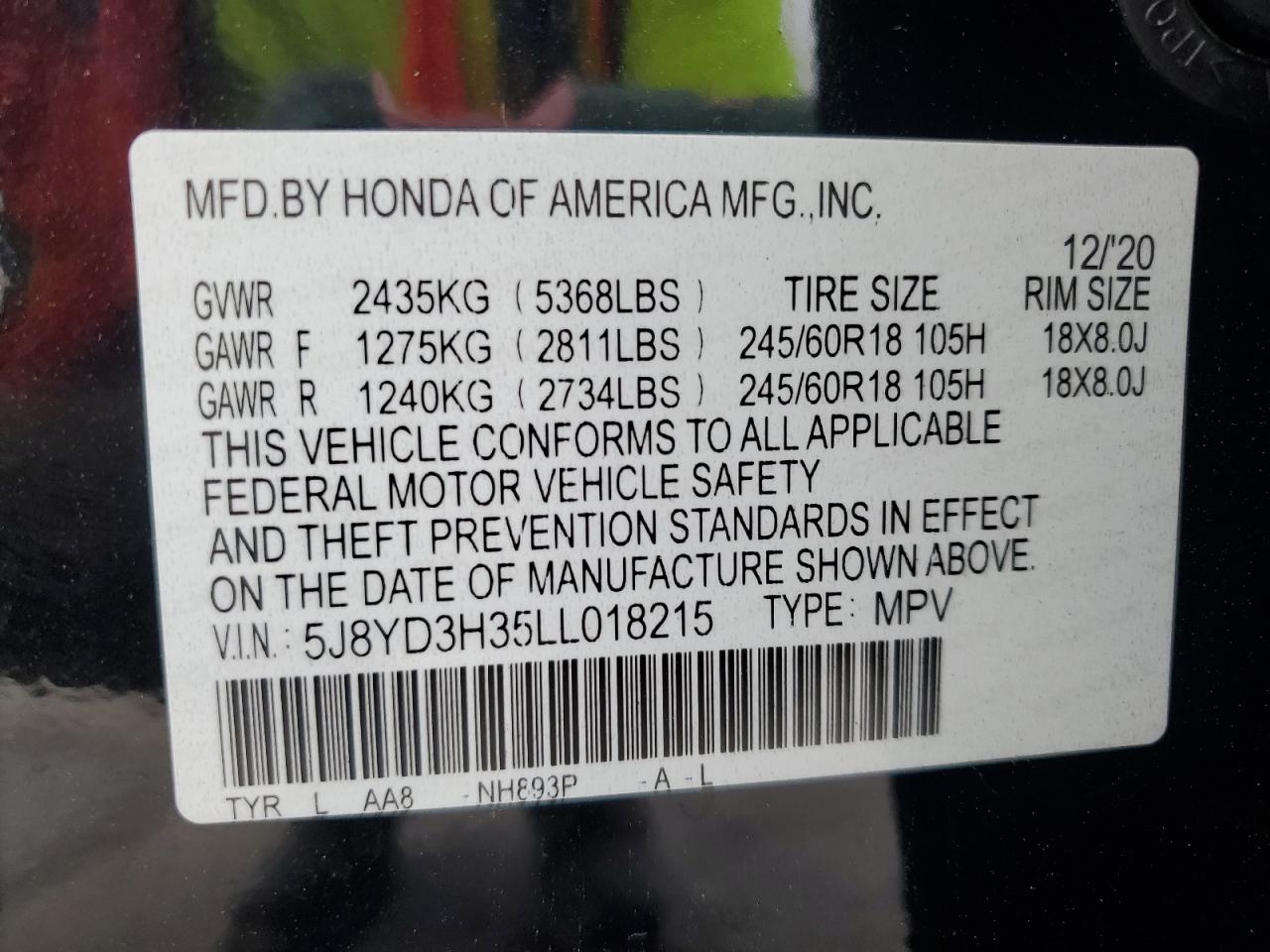 2020 Acura Mdx VIN: 5J8YD3H35LL018215 Lot: 85173105