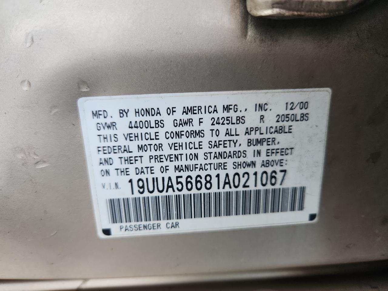 2001 Acura 3.2Tl VIN: 19UUA56681A021067 Lot: 85862575