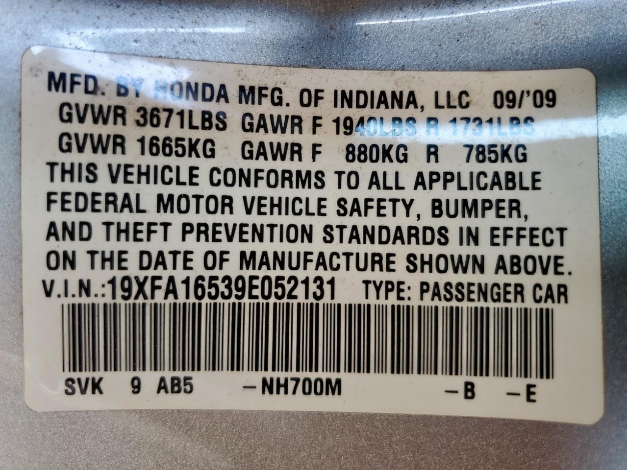 2009 Honda Civic Lx VIN: 19XFA16539E052131 Lot: 84992205