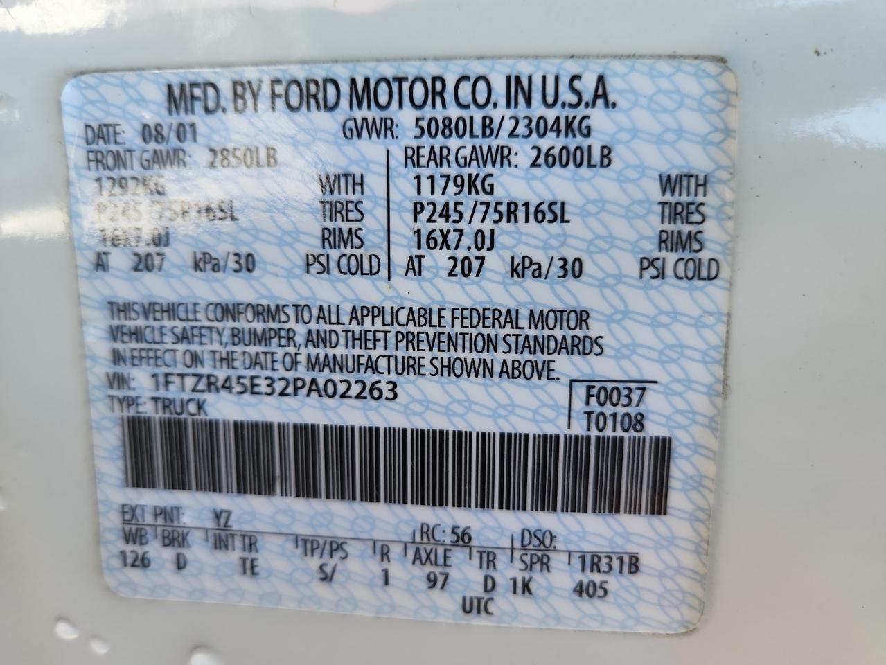 2002 Ford Ranger Super Cab VIN: 1FTZR45E32PA02263 Lot: 85712355