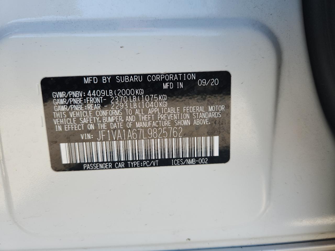 2020 Subaru Wrx VIN: JF1VA1A67L9825762 Lot: 85910145