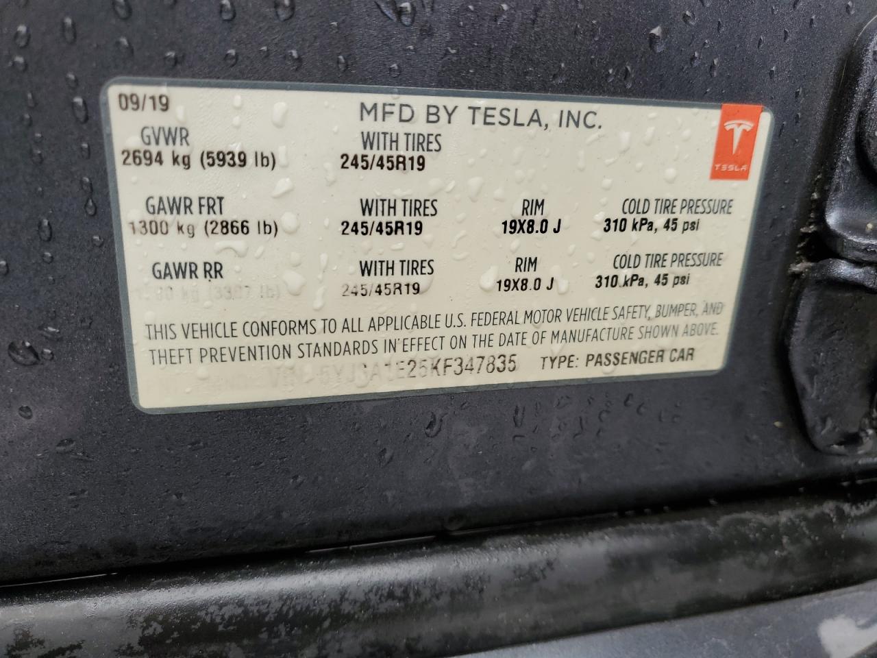 2019 Tesla Model S VIN: 5YJSA1E25KF347835 Lot: 89831455