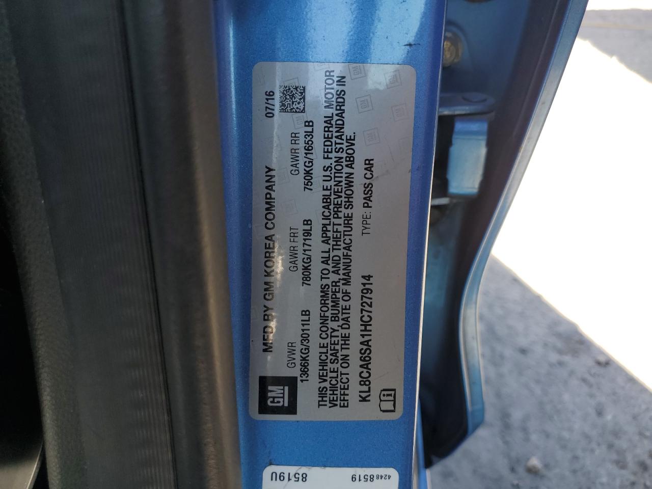 2017 Chevrolet Spark Ls VIN: KL8CA6SA1HC727914 Lot: 85357045