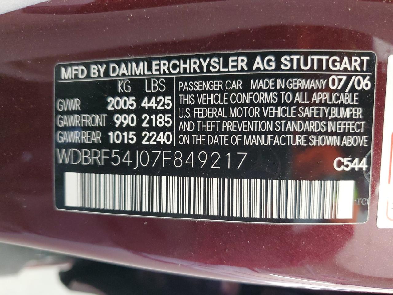 2007 Mercedes-Benz C 280 VIN: WDBRF54J07F849217 Lot: 82294495