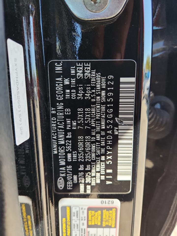 2016 Kia Sorento Ex VIN: 5XYPHDA52GG159129 Lot: 85925985