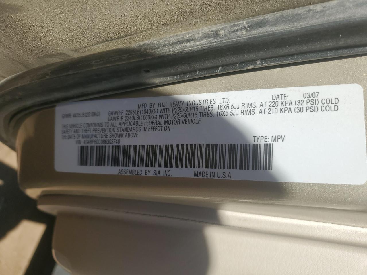 2008 Subaru Outback VIN: 4S4BP60C086303740 Lot: 84924125