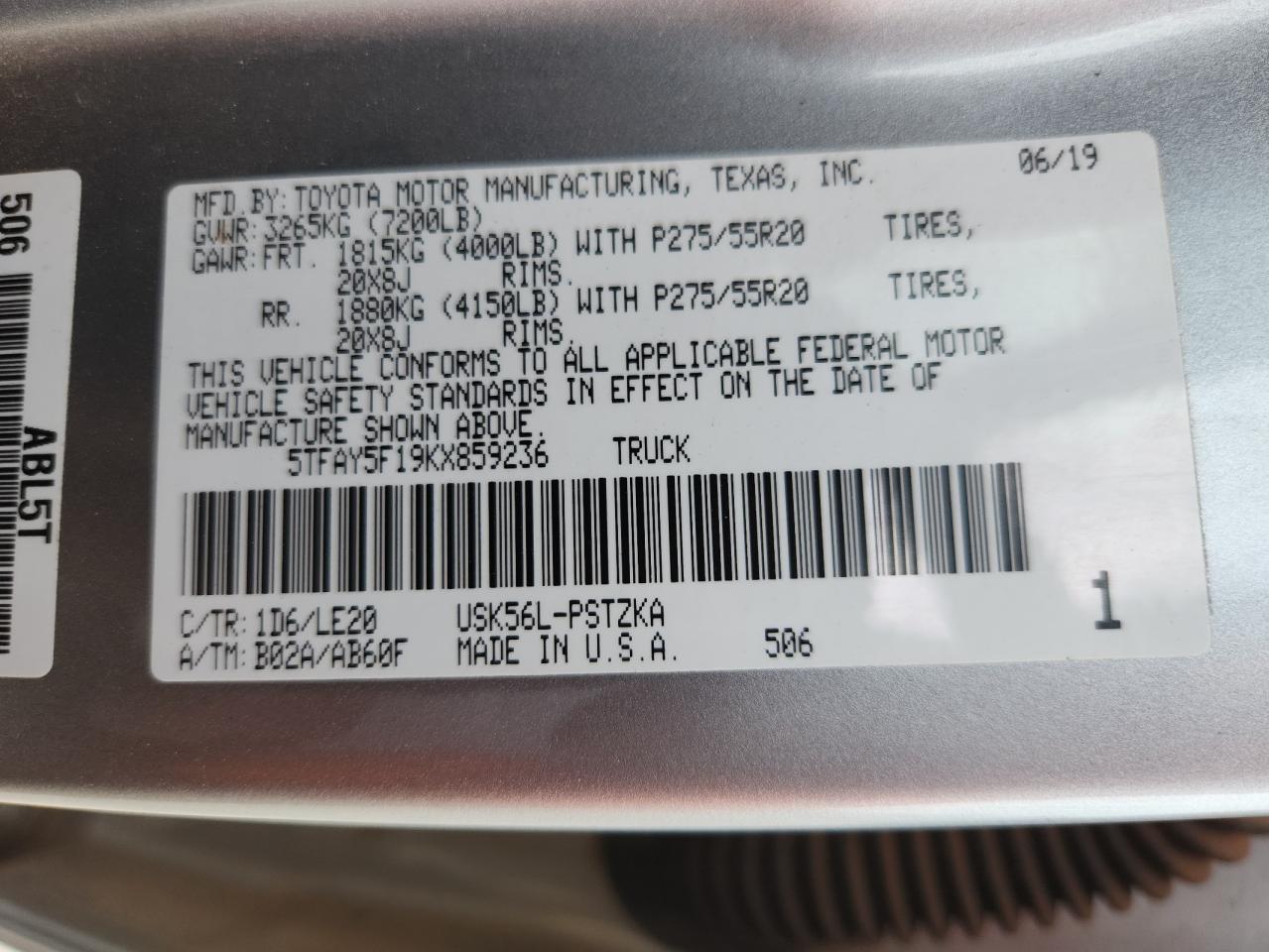 2019 Toyota Tundra Crewmax 1794 VIN: 5TFAY5F19KX859236 Lot: 85768235