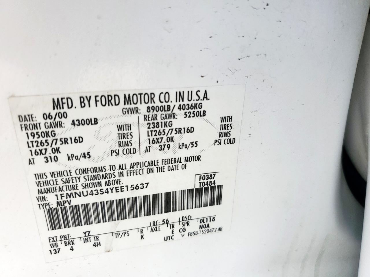 2000 Ford Excursion Limited VIN: 1FMNU43S4YEE15637 Lot: 85521285