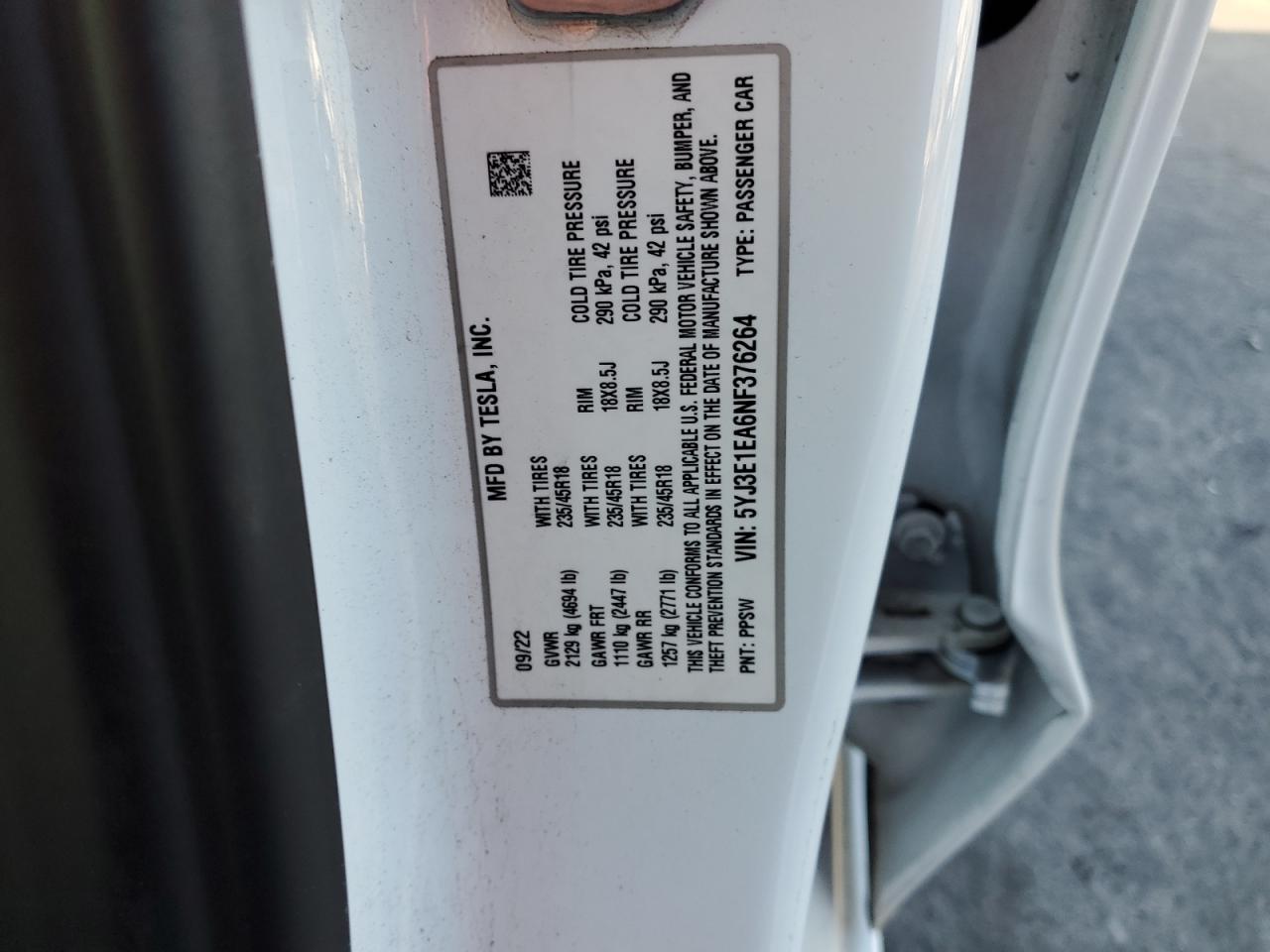 2022 Tesla Model 3 VIN: 5YJ3E1EA6NF376264 Lot: 89658575