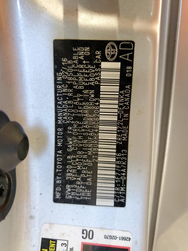 2016 Toyota Corolla L VIN: 2T1BURHE4GC620643 Lot: 85883285