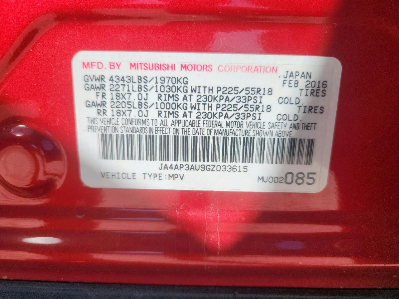 2016 Mitsubishi Outlander Sport Es VIN: JA4AP3AU9GZ033615 Lot: 90079605
