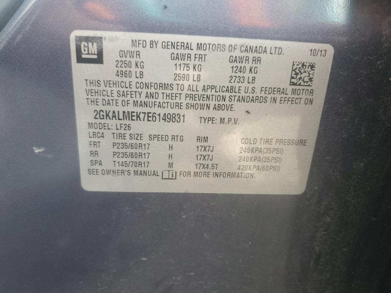 2014 GMC Terrain Sle VIN: 2GKALMEK7E6149831 Lot: 87205975