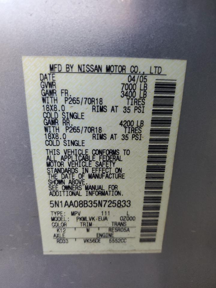 2005 Nissan Armada Se VIN: 5N1AA08B35N725833 Lot: 86499745