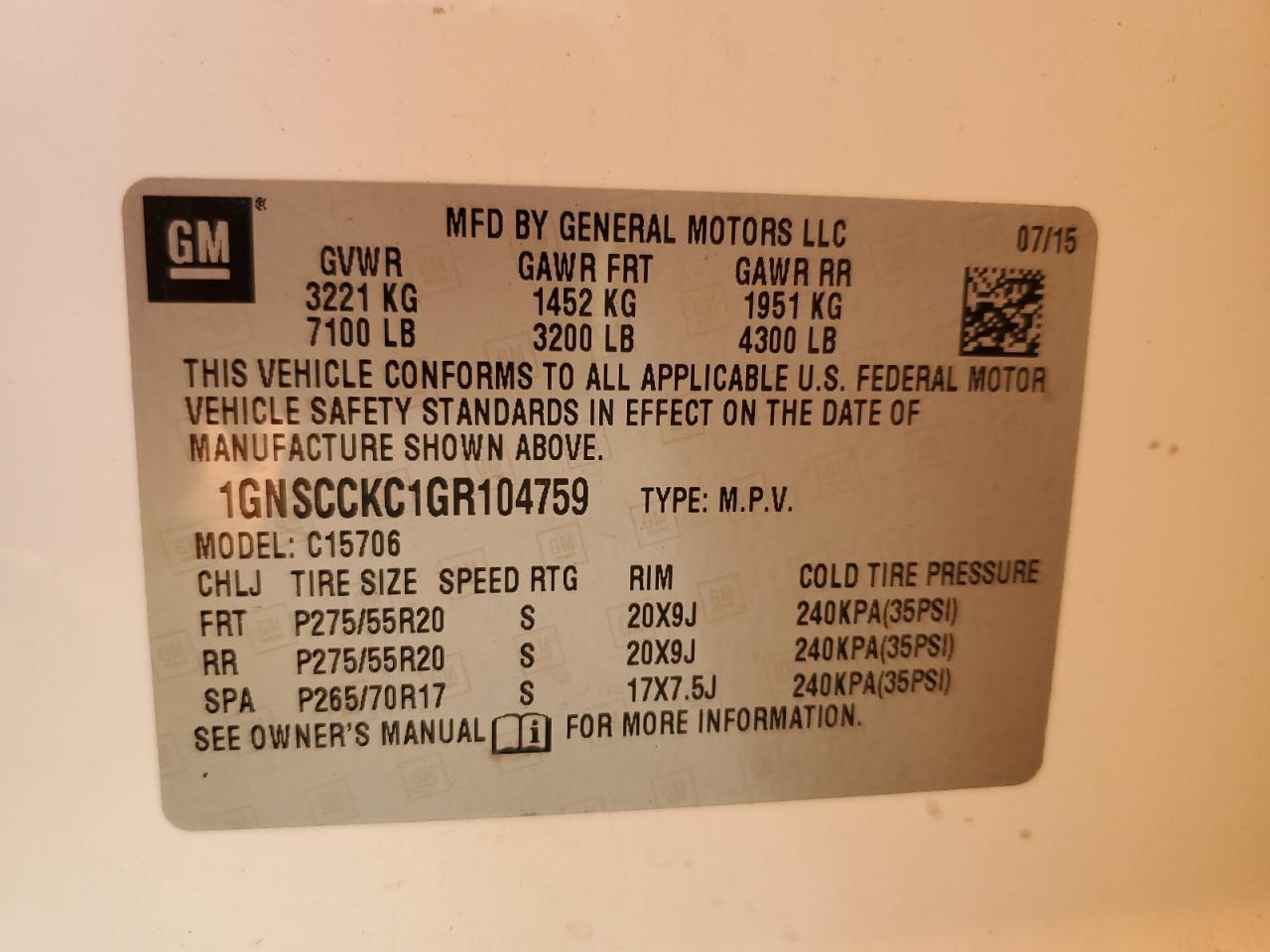 2016 Chevrolet Tahoe C1500 Ltz VIN: 1GNSCCKC1GR104759 Lot: 85550665