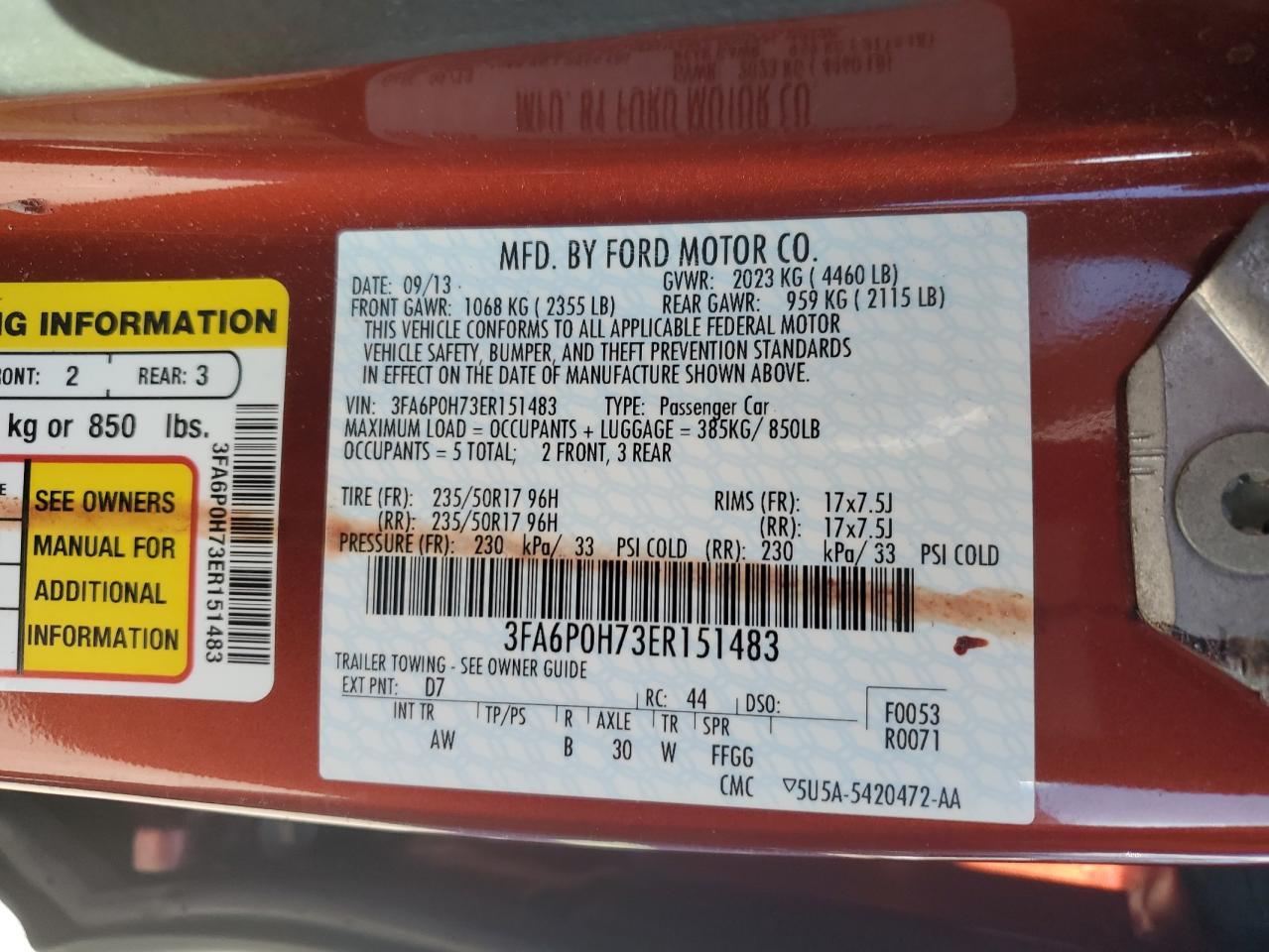 2014 Ford Fusion Se VIN: 3FA6P0H73ER151483 Lot: 84792525