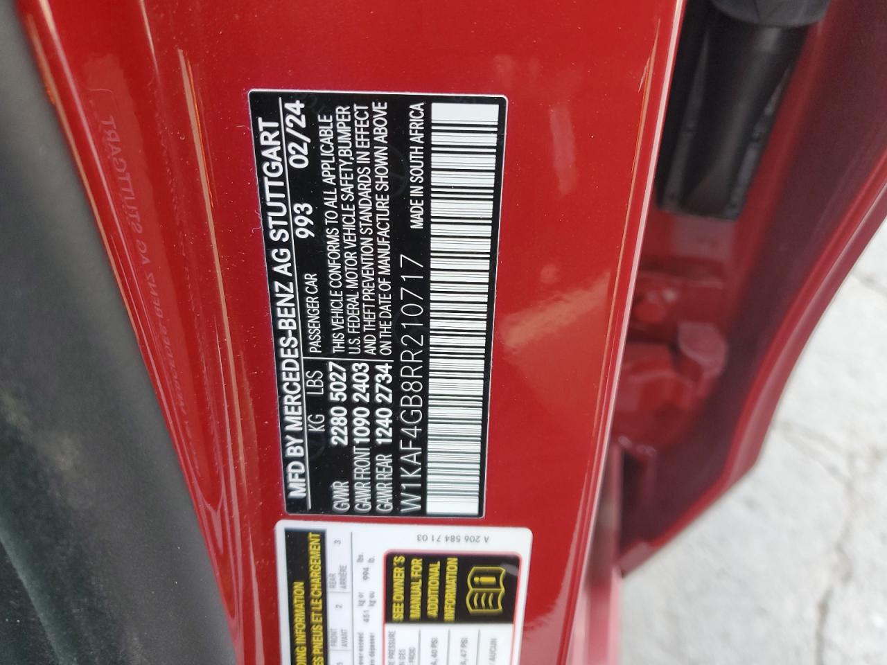 2024 Mercedes-Benz C 300 VIN: W1KAF4GB8RR210717 Lot: 87402695