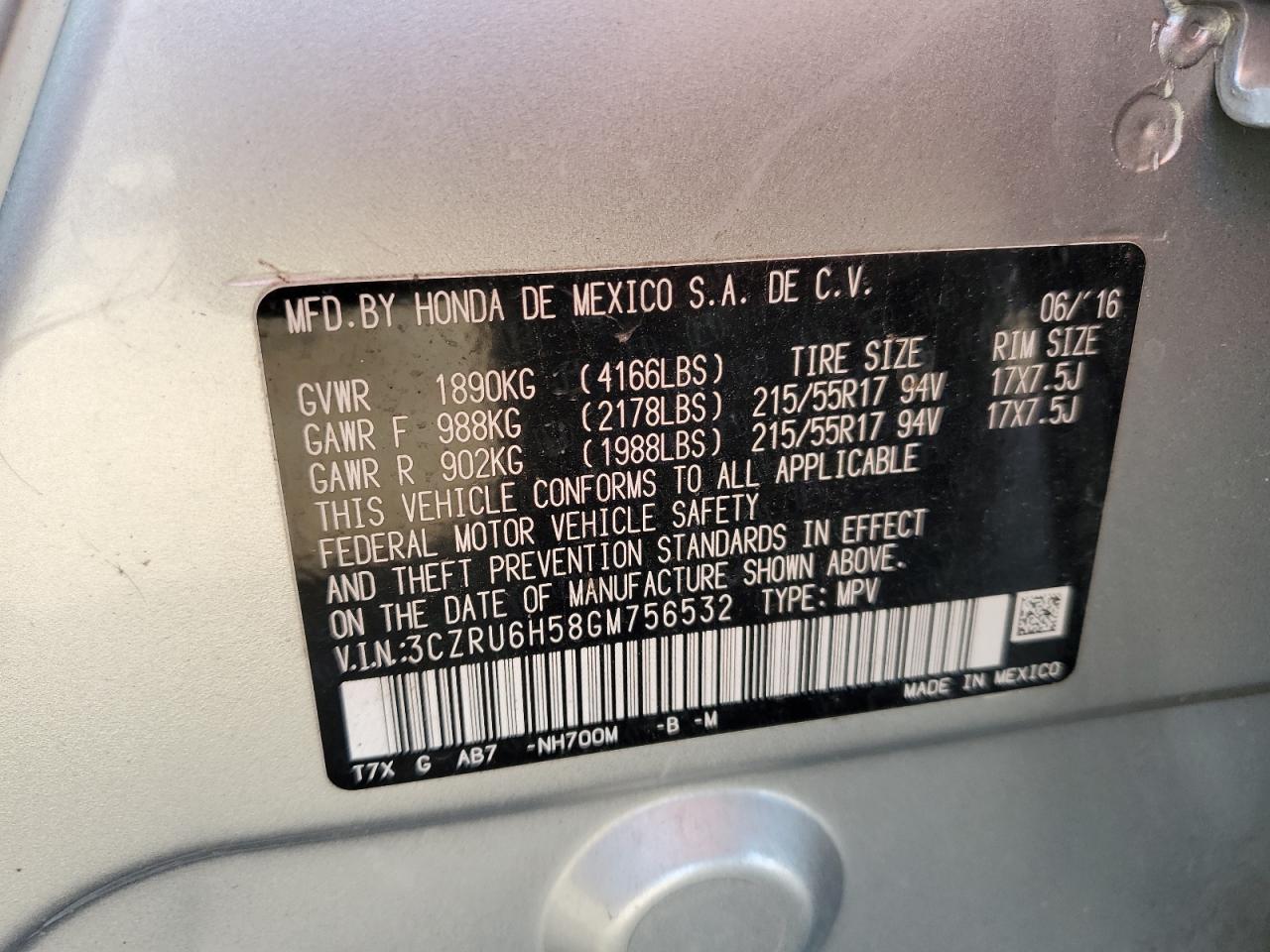 2016 Honda Hr-V Ex VIN: 3CZRU6H58GM756532 Lot: 82353765