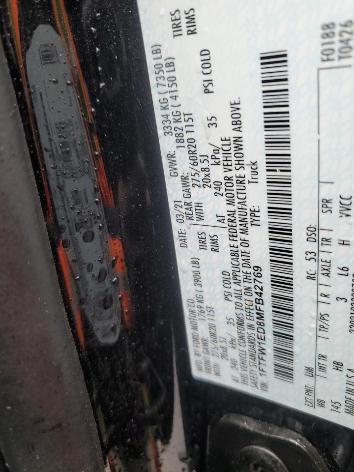 2021 Ford F150 Supercrew VIN: 1FTFW1ED8MFB42769 Lot: 90513985