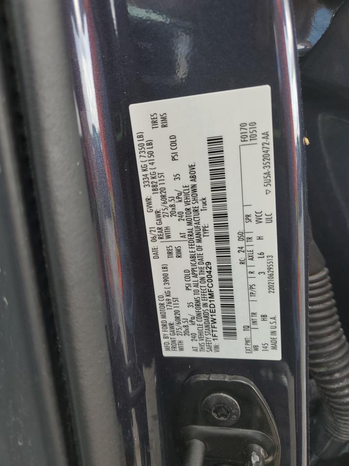 2021 Ford F150 Supercrew VIN: 1FTFW1ED1MFC00429 Lot: 85870475