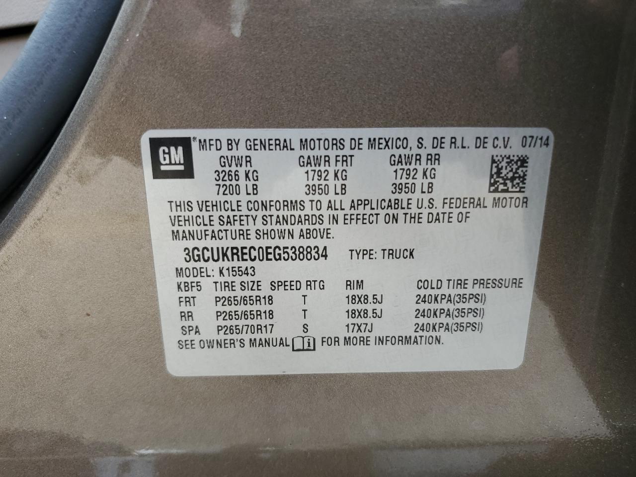 2014 Chevrolet Silverado K1500 Lt VIN: 3GCUKREC0EG538834 Lot: 85715655