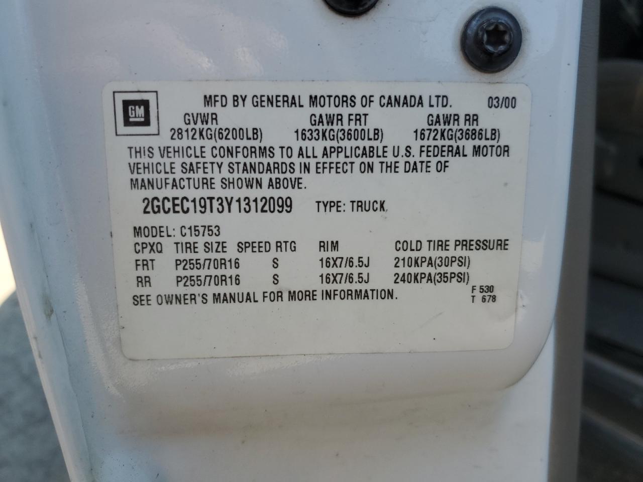 2000 Chevrolet Silverado C1500 VIN: 2GCEC19T3Y1312099 Lot: 84643115