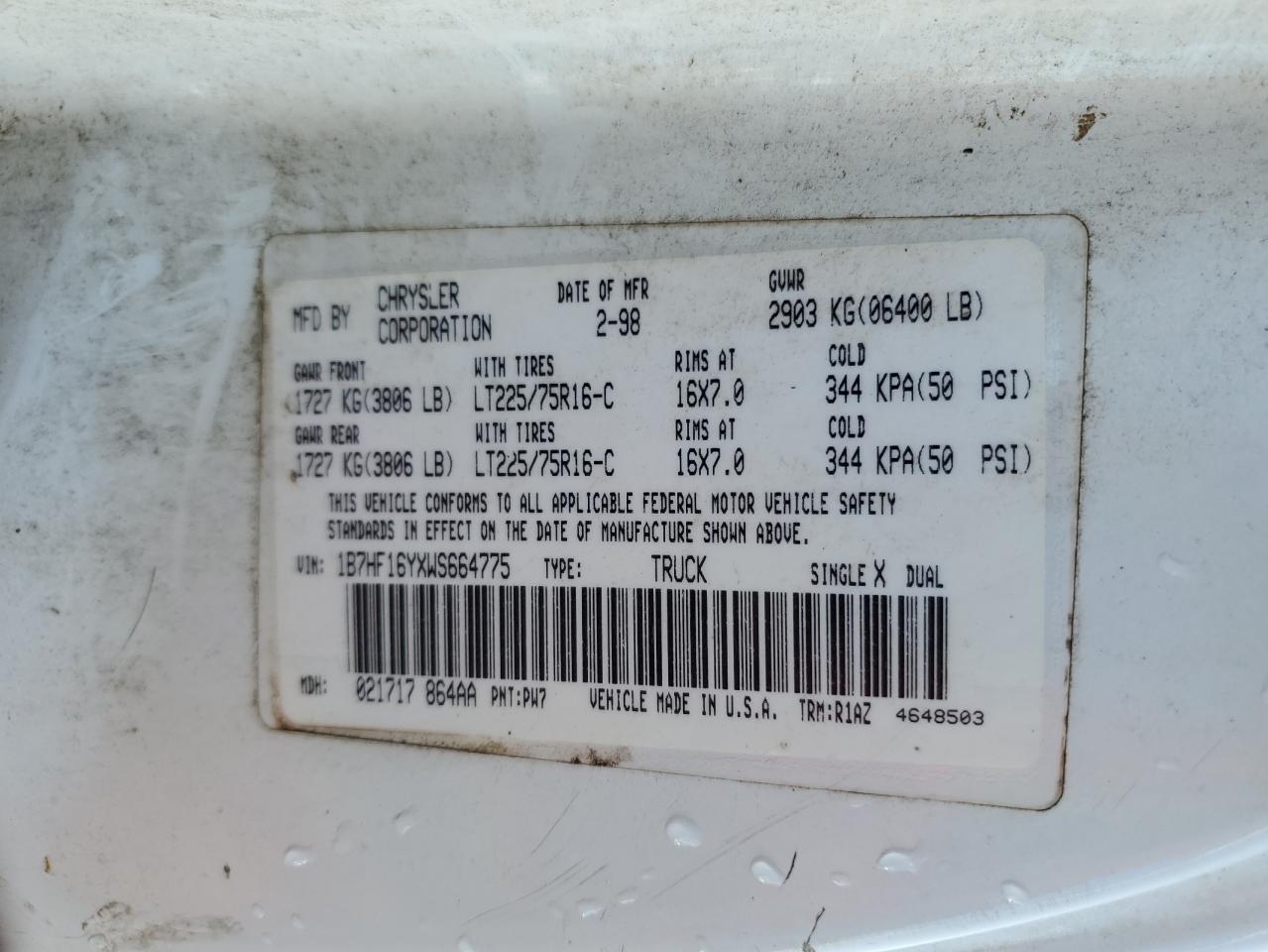 1998 Dodge Ram 1500 VIN: 1B7HF16YXWS664775 Lot: 93823855